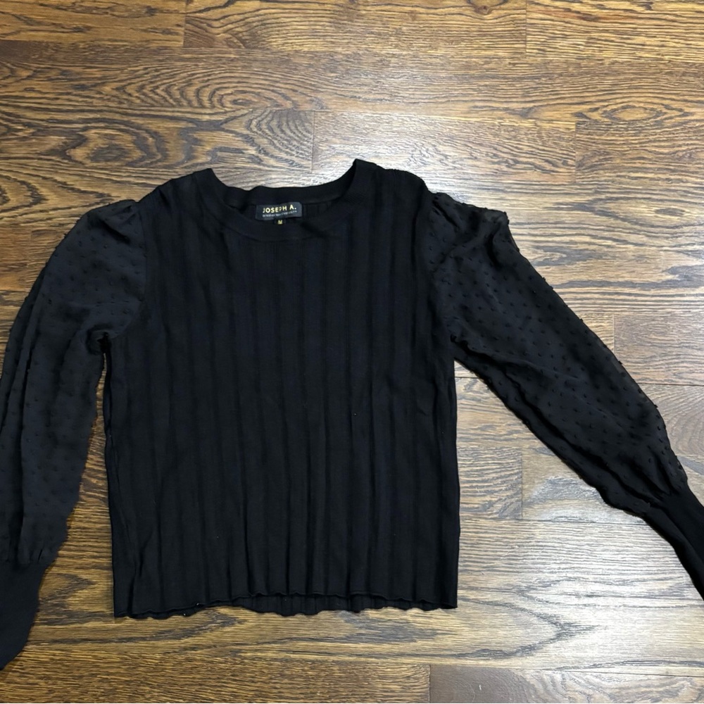 Joseph A. Black Knit Pullover Sweater Sheer Puff Sleeves Button Cuffs M